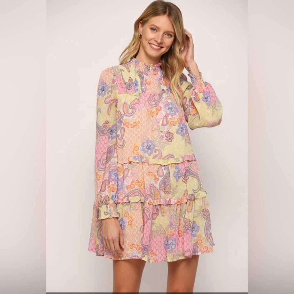Fate yellow floral smocked high neck dress size small